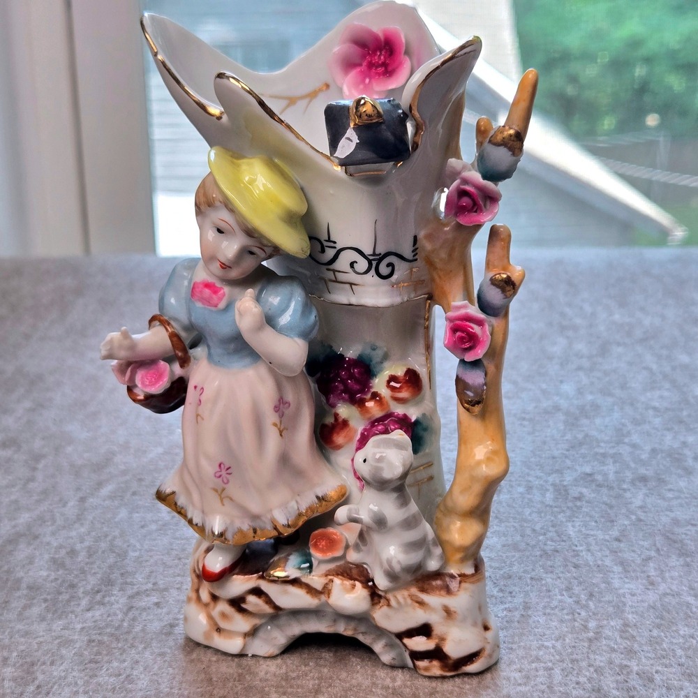 Vtg Camille Naudot Porcelain Figurine Vase Young Girl With Cat and Pink Roses